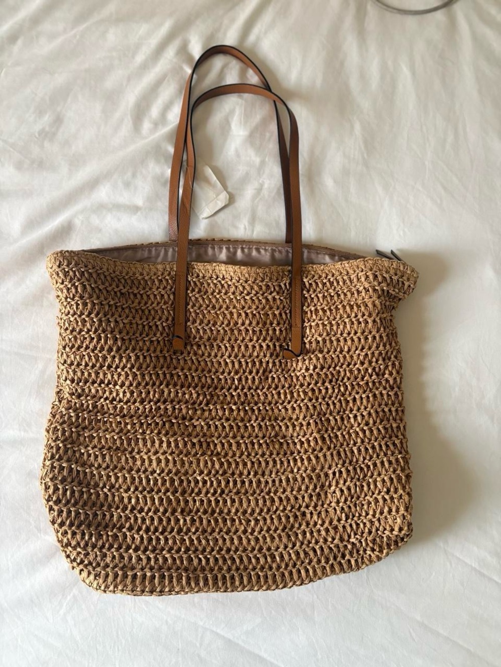 H&M Woven Straw Tote Bag Large Beach Shopper Zip Closure NWOT